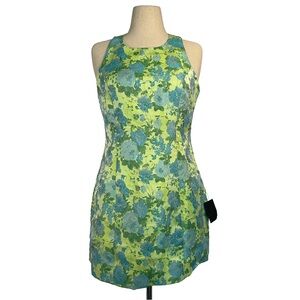 Lulus Ariadna Green and Blue Floral Jacquard Halter Mini Dress